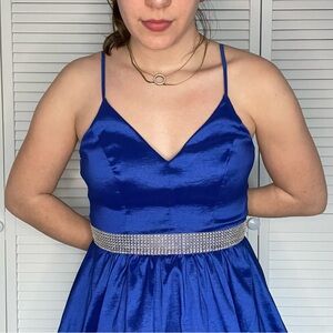 Sleeveless Royal Blue Satin Dress with Rhinestone Waist